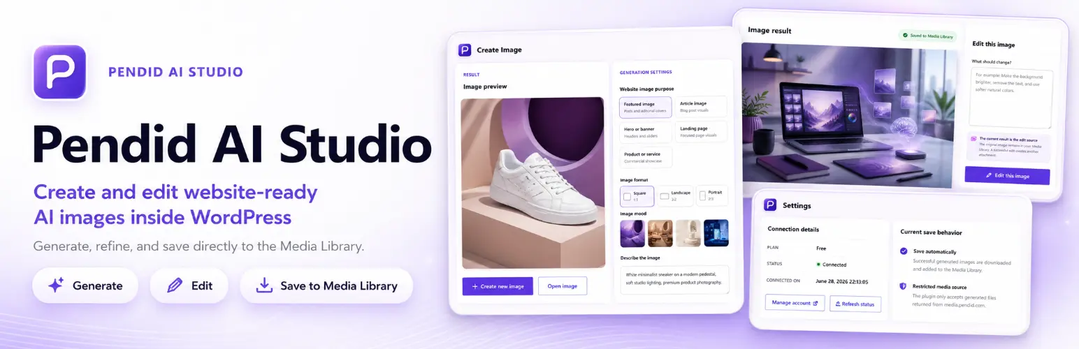 بنر افزونه Pendid AI Studio برای ساخت و ویرایش تصویر در وردپرس